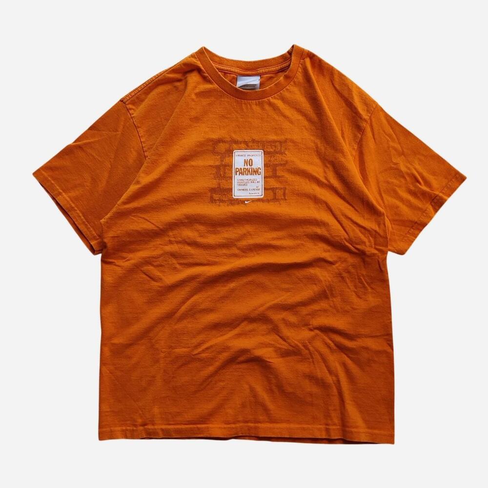 vintage Nike orange t-shirt with white 'NO PARKING' sign graphic